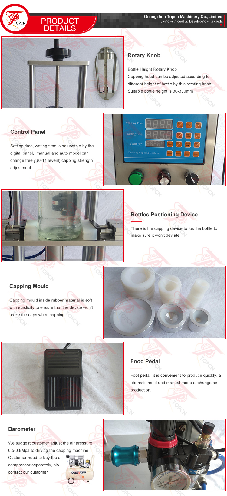 Pneumatic Desktop Cap Press Bottle Jar Sealing Capping Machine
