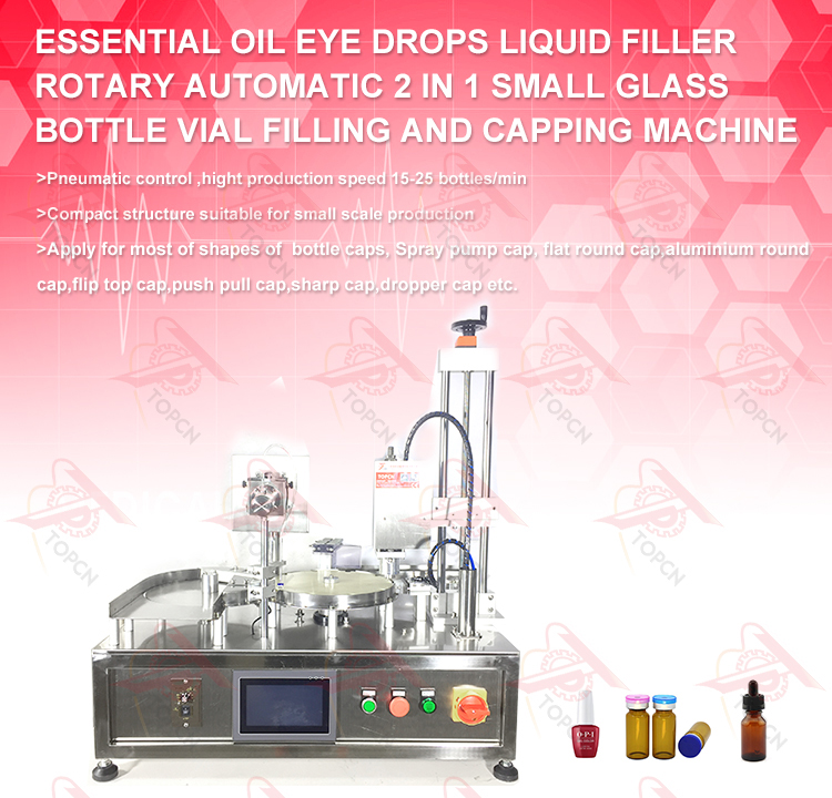 Desktop Cosmetic Essential Oil Eye Drops Liquid Filler Rotary Automatic 2 In 1 Small Glass Bottle Vial Filling Capping Machine