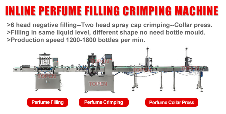 Full Automatic Inline Perfume Glass Oil Bottle Filling Equipment Caps Pressing Crimping and Labeling Machine Line