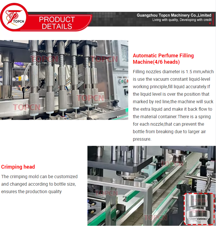 Full Automatic Inline Perfume Glass Oil Bottle Filling Equipment Caps Pressing Crimping and Labeling Machine Line