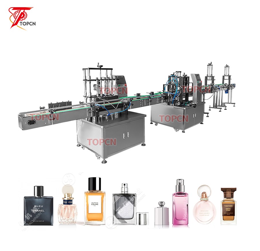 Full Automatic Inline Perfume Glass Oil Bottle Filling Equipment Caps Pressing Crimping and Labeling Machine Line