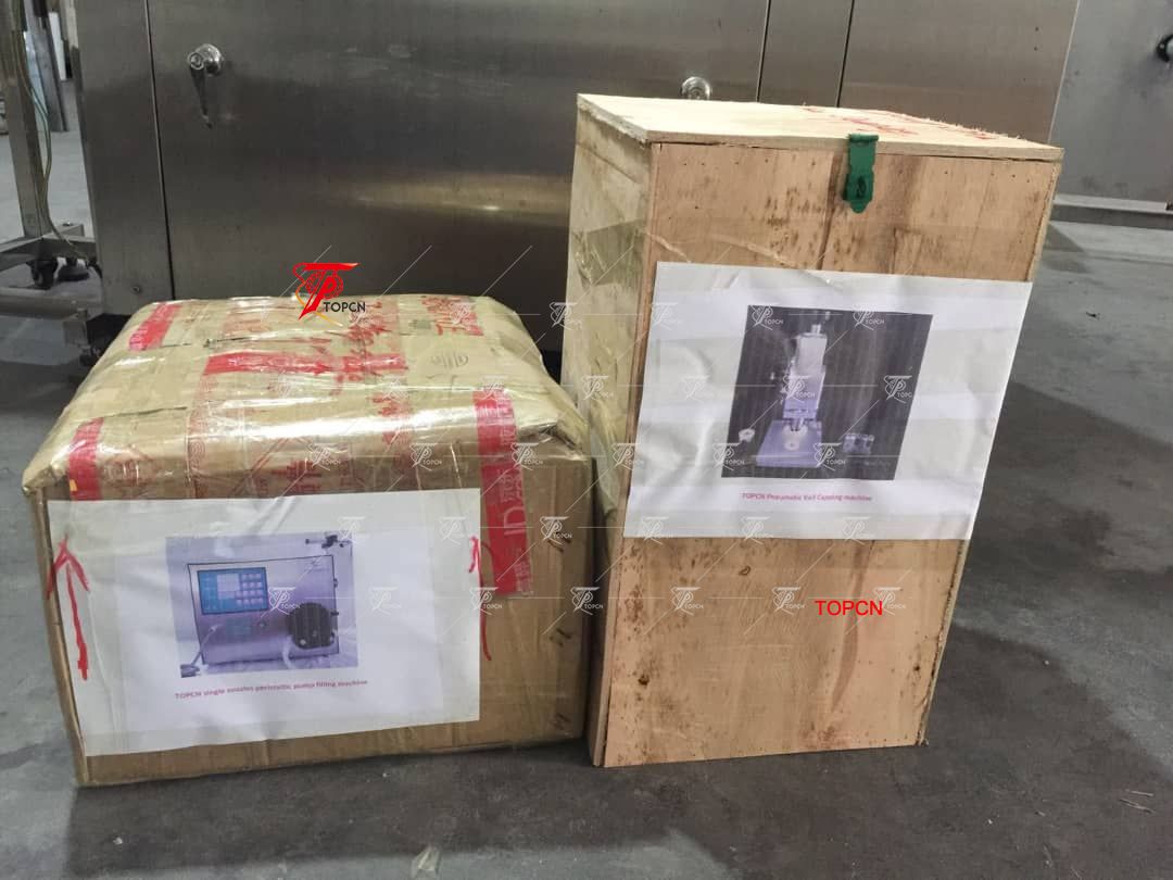 Italy Customer ordered semi automatic vial capping crimping machine and single nozzles peristaltic filling